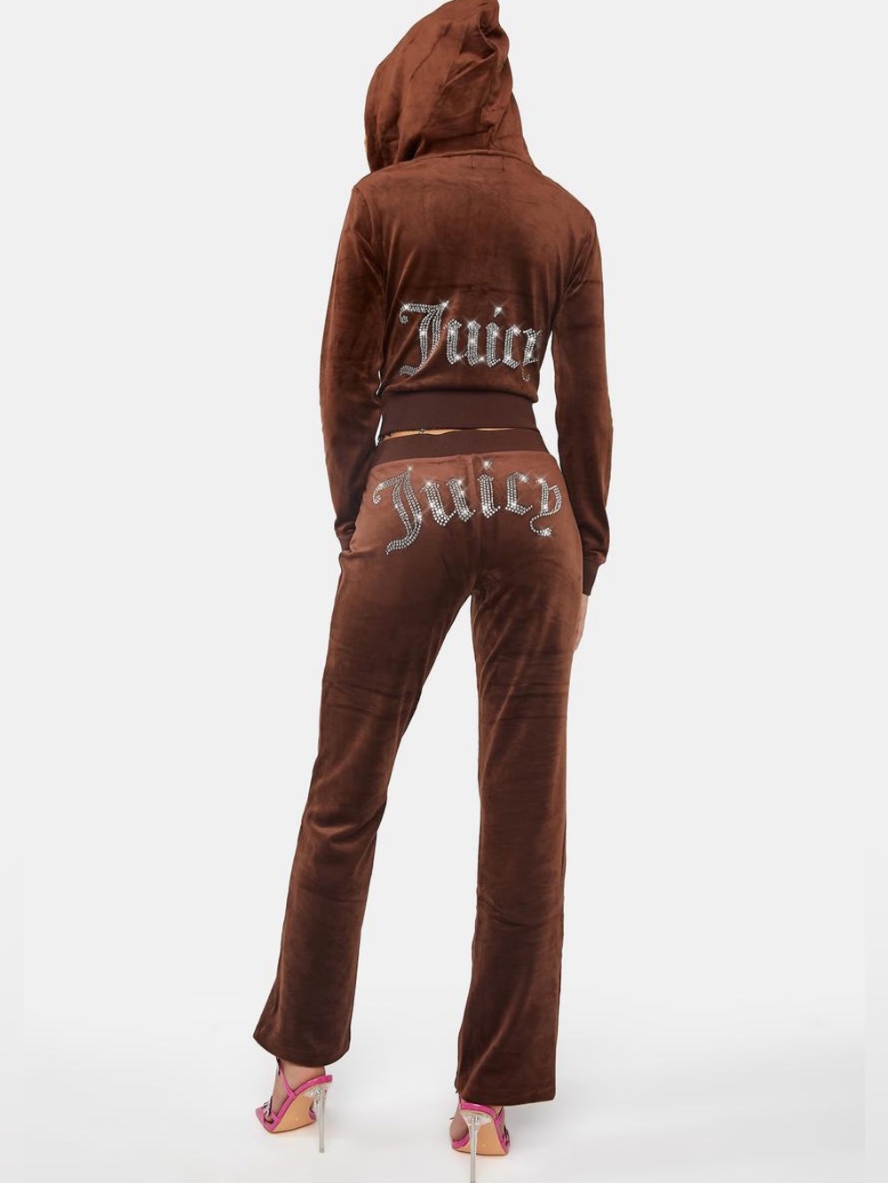 NWT Juicy Couture Rhinestone Bling Velour Track Suit Pant Hoodie Set Brown Sugar